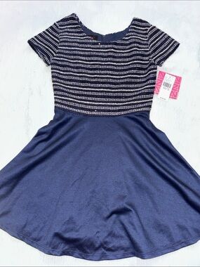 NWT. Navy, White and Gold Striped Knit Bodice Fit-and-Flare Kids Dress